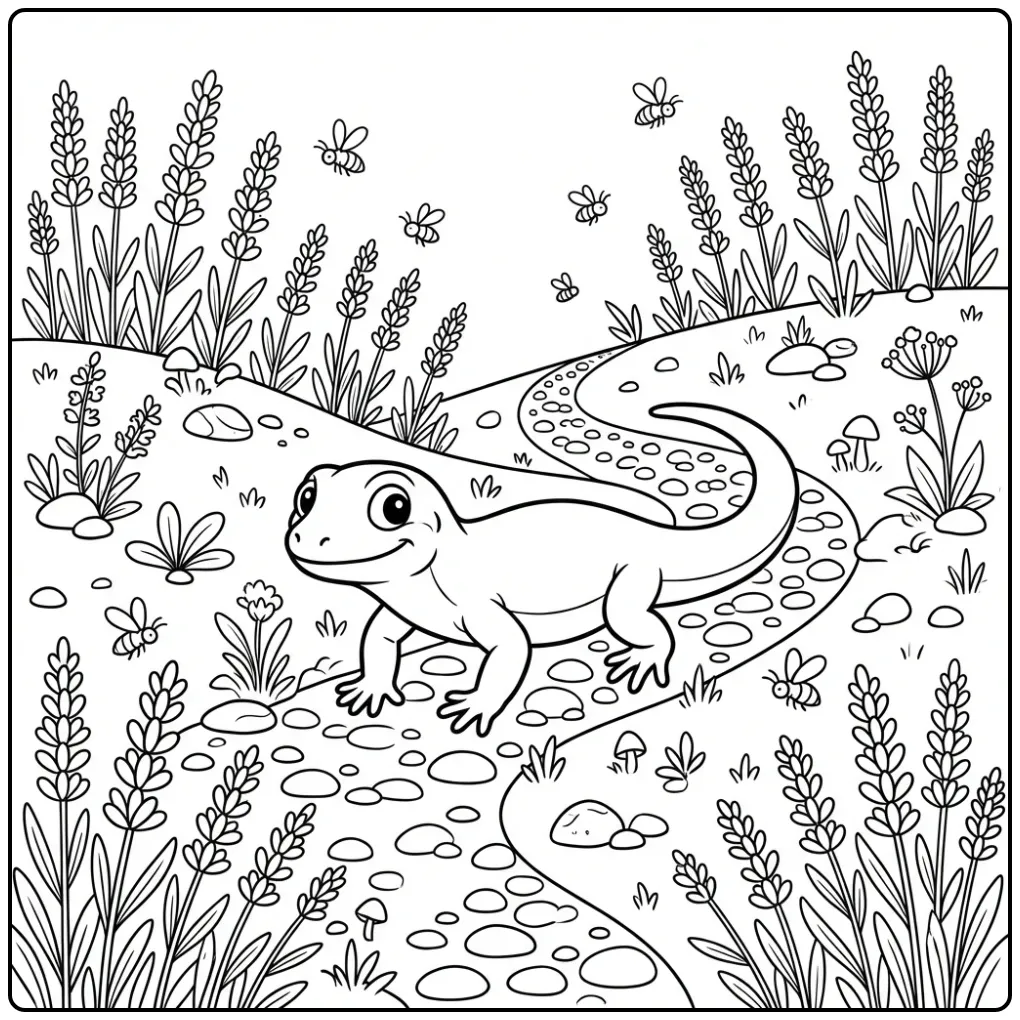 Een kleurplaat hagedis op een heuvel met bloemen en insecten.