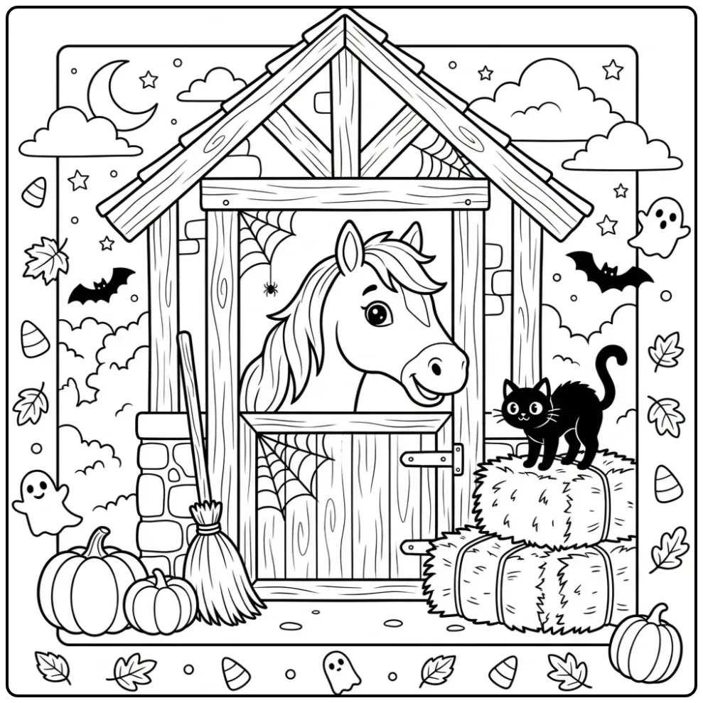 Kleurplaat halloween paard bij stal met spinnenwebben.