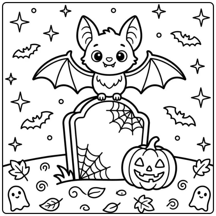 Leuke kleurplaat halloween vleermuis zittend op een grafsteen
