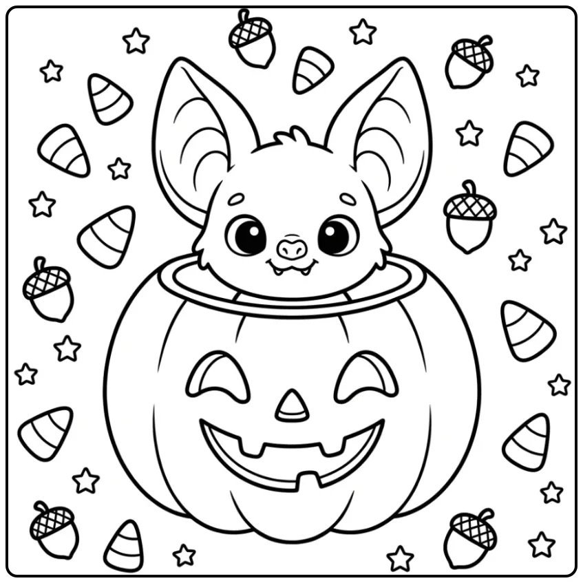 Kleurplaat halloween vleermuis met snoepjes en sterren.