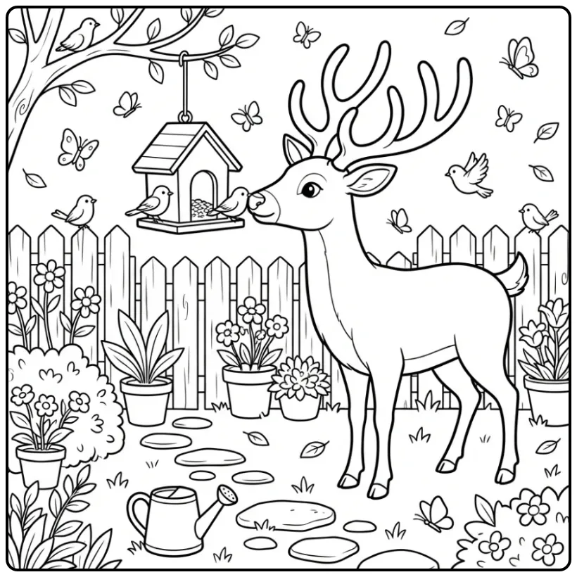 Een leuke kleurplaat hert in een tuin met plantjes en hek.