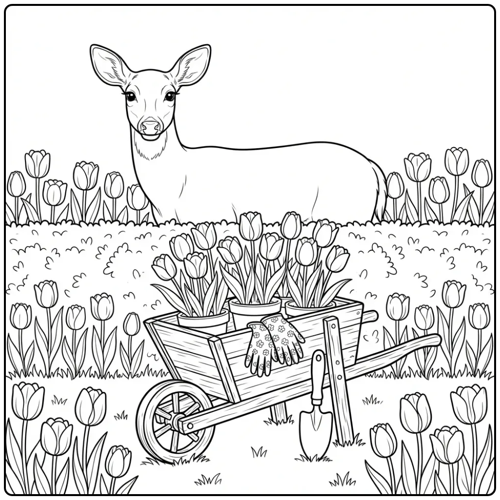 Kleurplaat hert dat door een heg kijkt met tulpen.