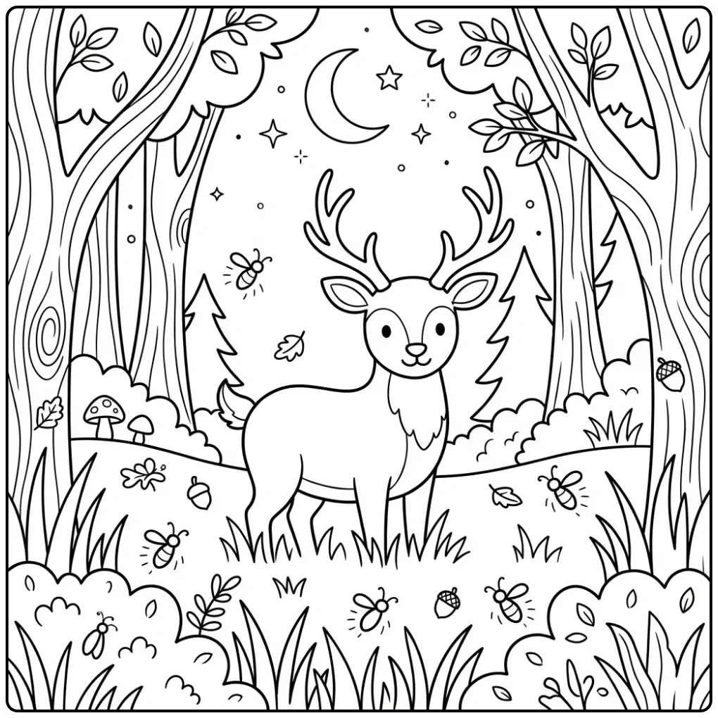 Kleurplaat hert met vuurvliegjes in het bos