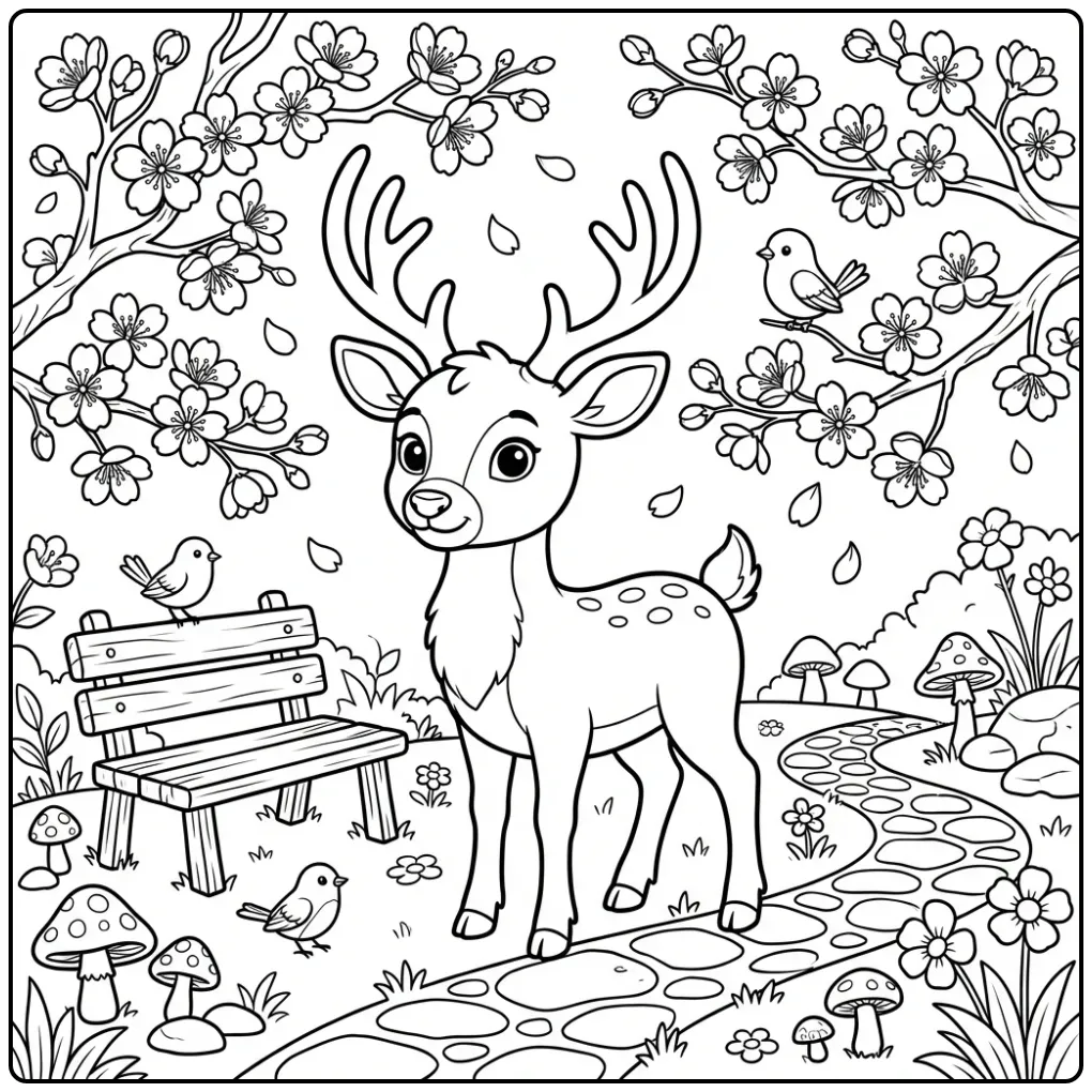 Een vrolijke kleurplaat hert in een lentetuin met bloesem.