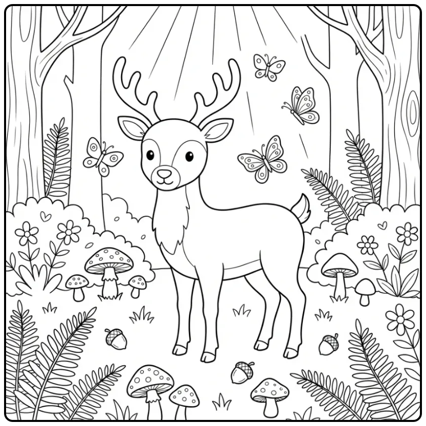 Vriendelijk hert in het bos kleurplaat hert met vlinders.