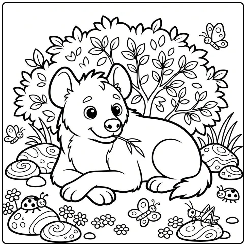 Lieve kleurplaat hyena die op een grassprietje kauwt.