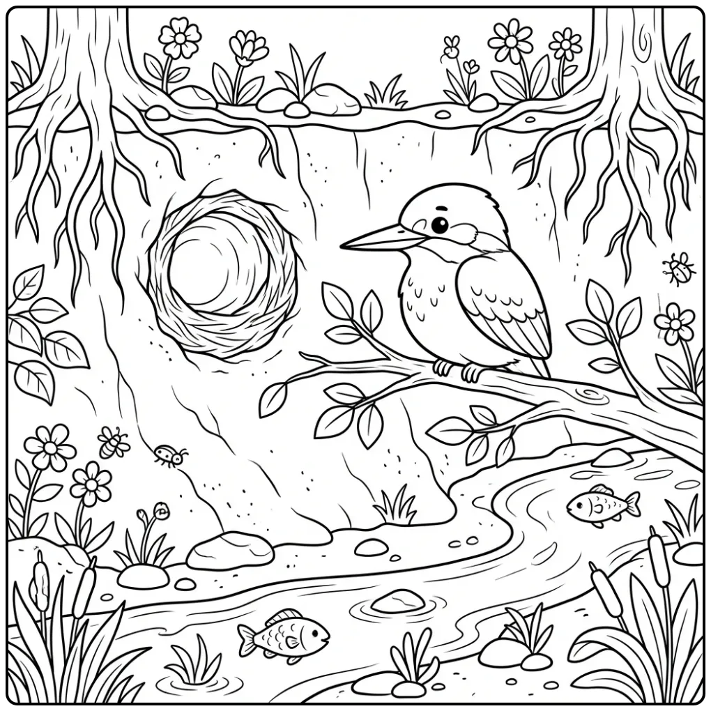 Leuke kleurplaat ijsvogel aan de waterkant