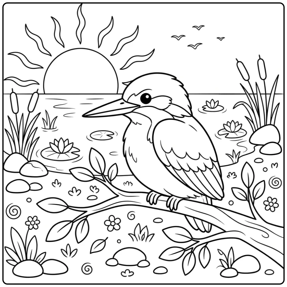 Cartoon kleurplaat ijsvogel op een tak met waterlelies