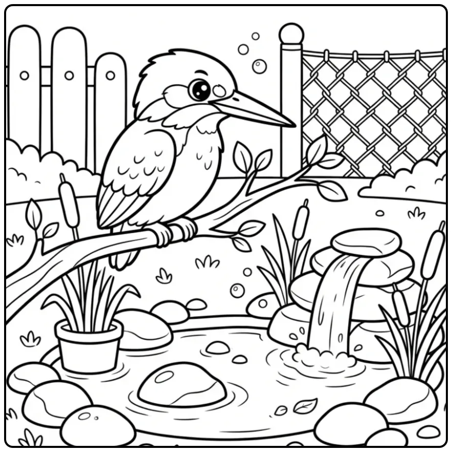 Een leuke kleurplaat ijsvogel op een tak boven het water.