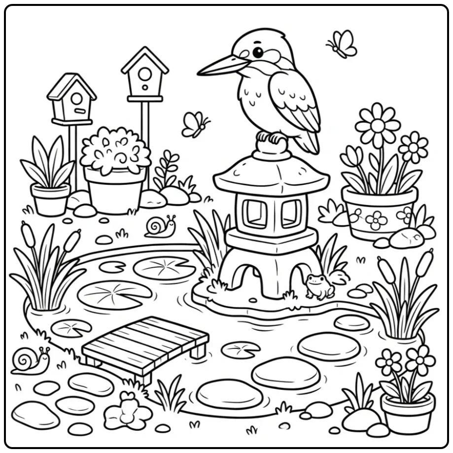 Kleurplaat ijsvogel op lantaarn bij bruggetje en vijver.