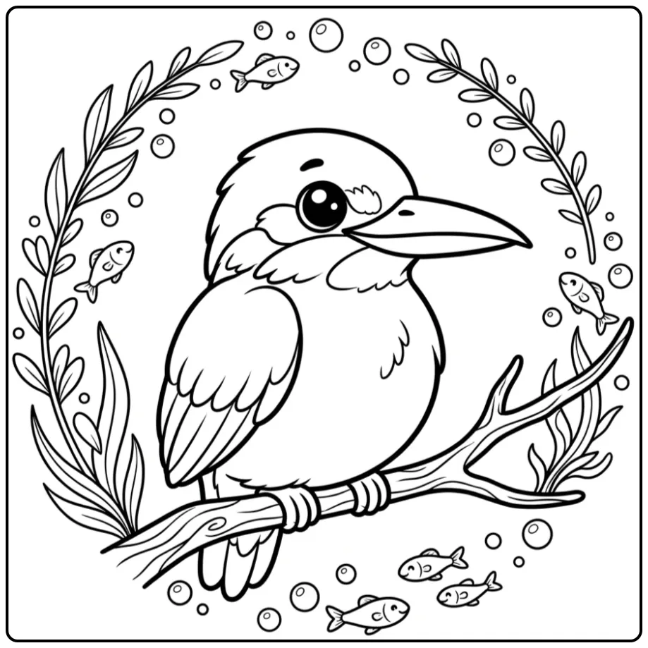 Een vrolijke close-up kleurplaat ijsvogel op een tak