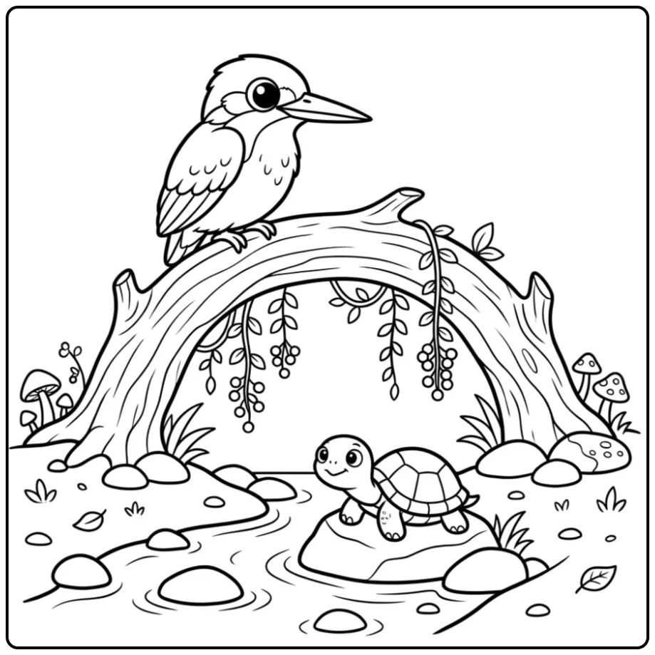 Kleurplaat ijsvogel op drijfhout met schildpad en besjes.