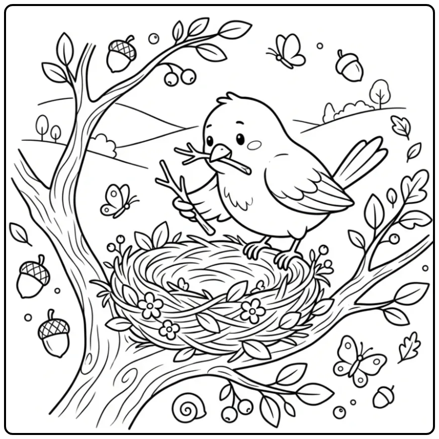 Kleurplaat kanarie die een nestje bouwt in een boomtak.