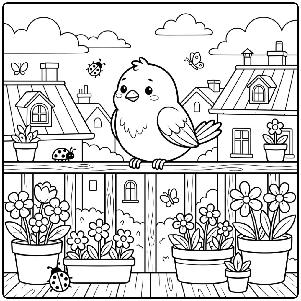 Een vrolijke kleurplaat kanarie bij bloempotten.