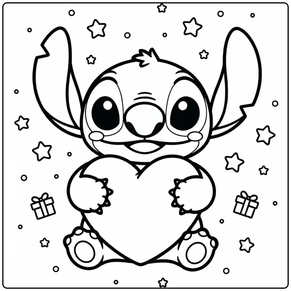 Lieve kleurplaat kawaii stitch knuffelt een groot hartkussen