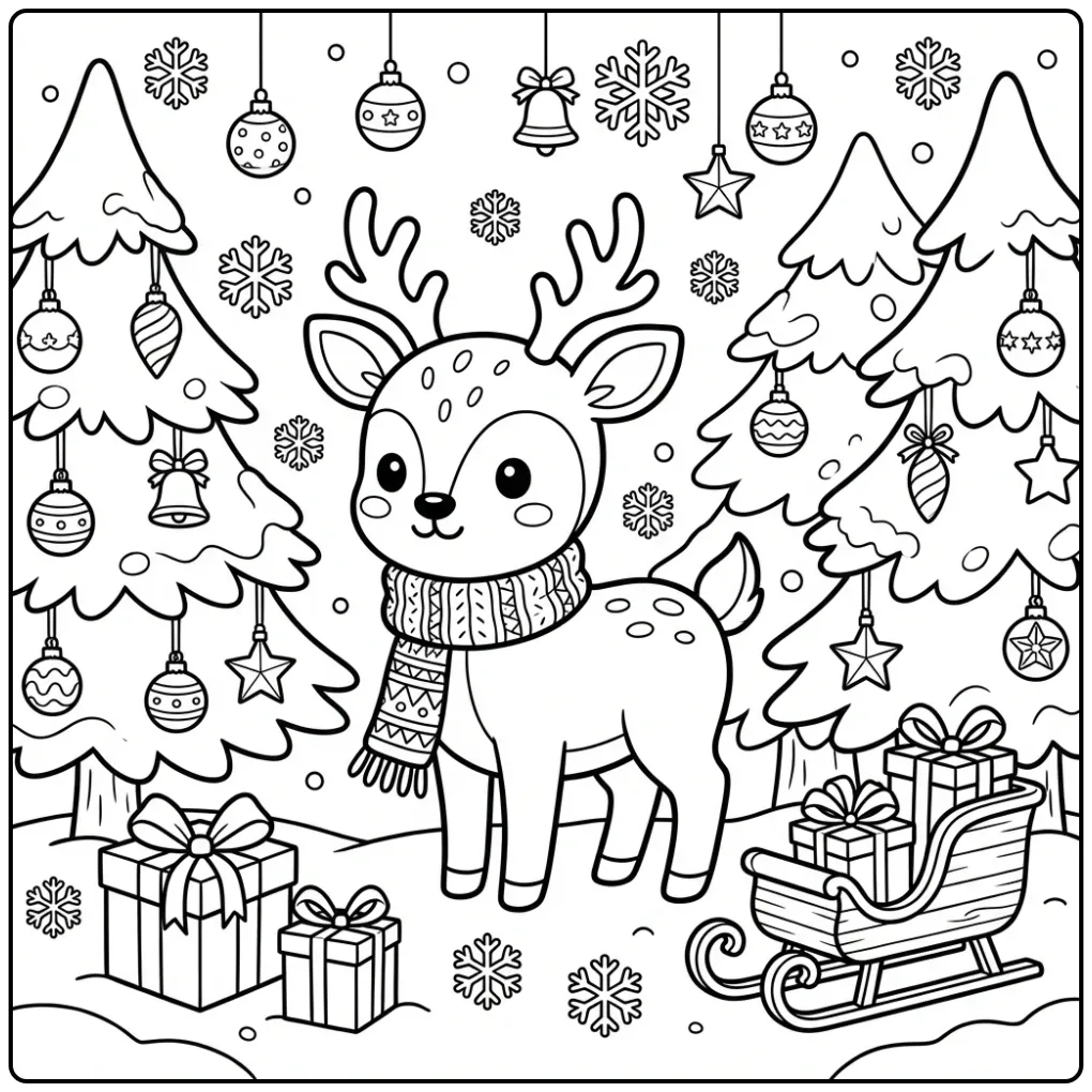 Feestelijke kleurplaat kerst hert met cadeautjes en sneeuw.