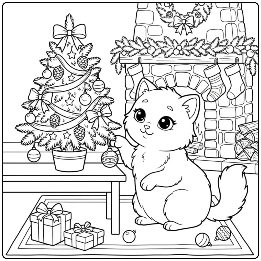 Speelse kleurplaat kerst poes met kerstbal en open haard.
