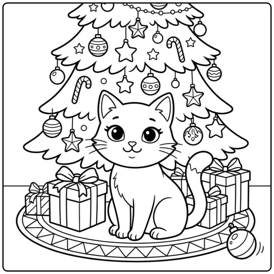 Kleurplaat kerst poes zittend onder een versierde boom.