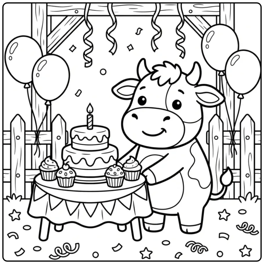 Vrolijke kleurplaat koe verjaardag met taart en ballonnen.