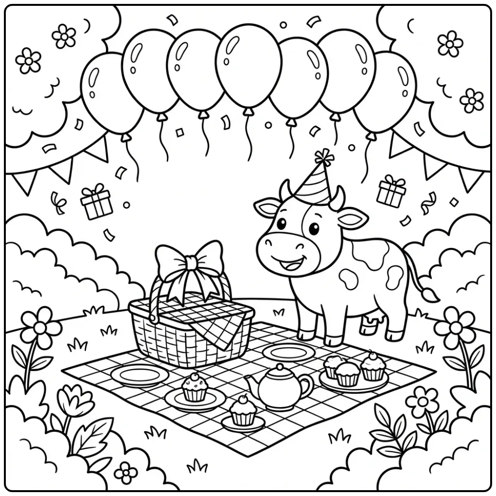 Vrolijke kleurplaat koe verjaardag met ballonnen en picknick.