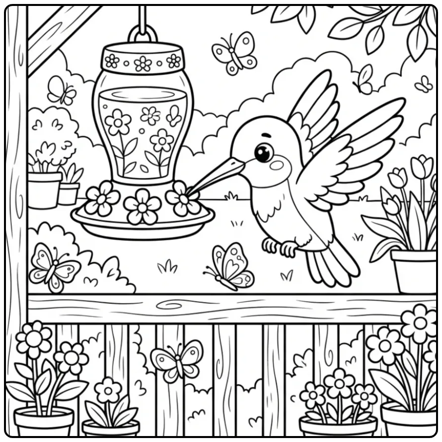 Zwevende vogel bij voederbak, een leuke kleurplaat kolibrie.
