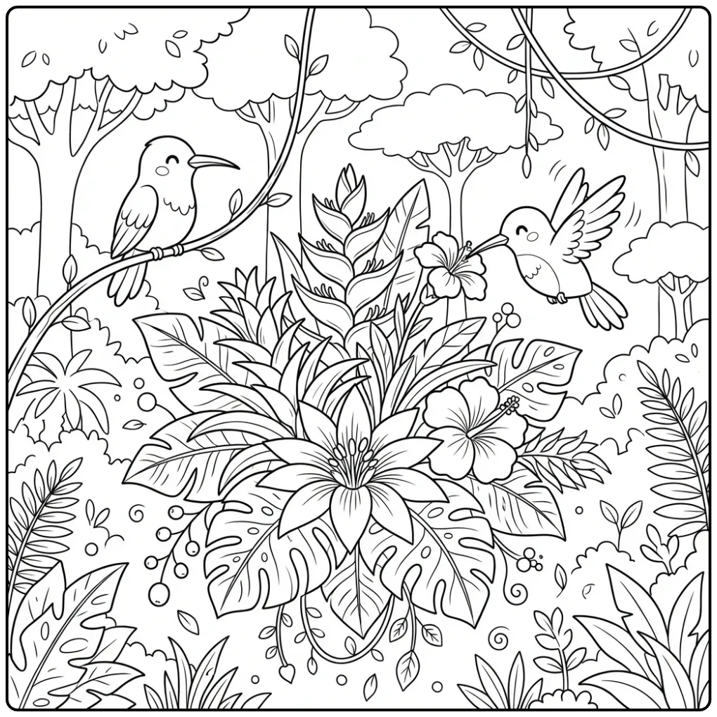 Tropische kleurplaat kolibrie vliegend bij bloemen.