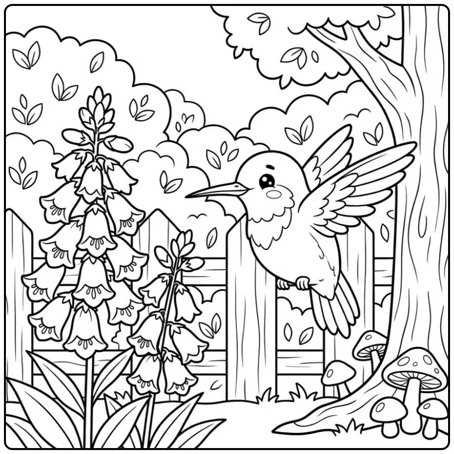 Leuke kleurplaat kolibrie vliegend bij bloemen en een hek.