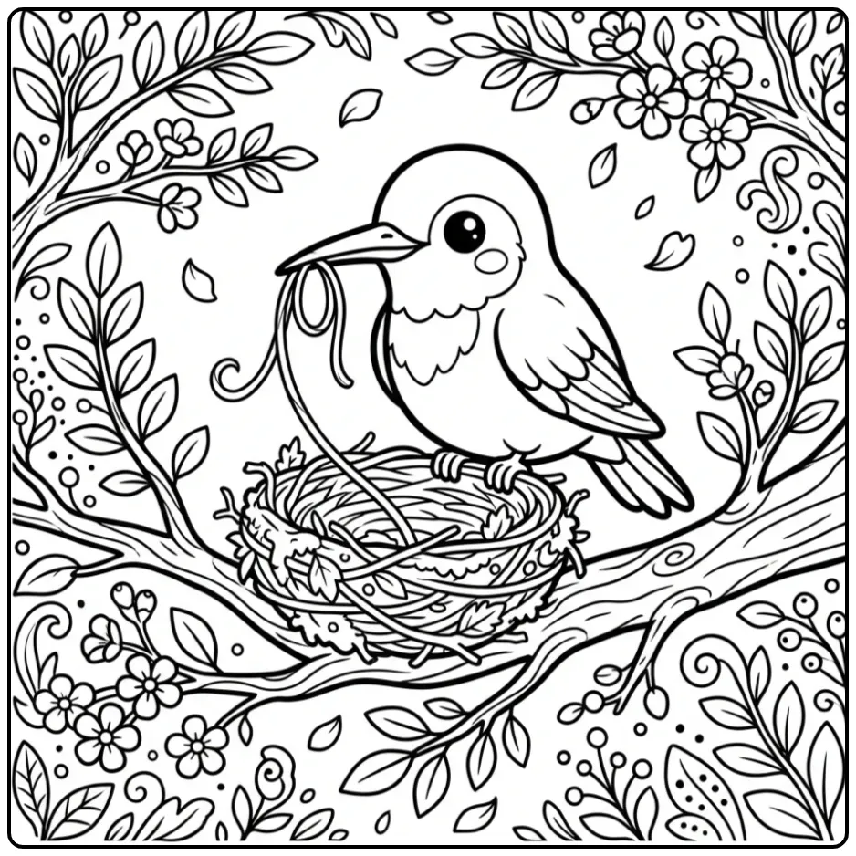 Kleurplaat kolibrie bouwt een nestje op een tak.