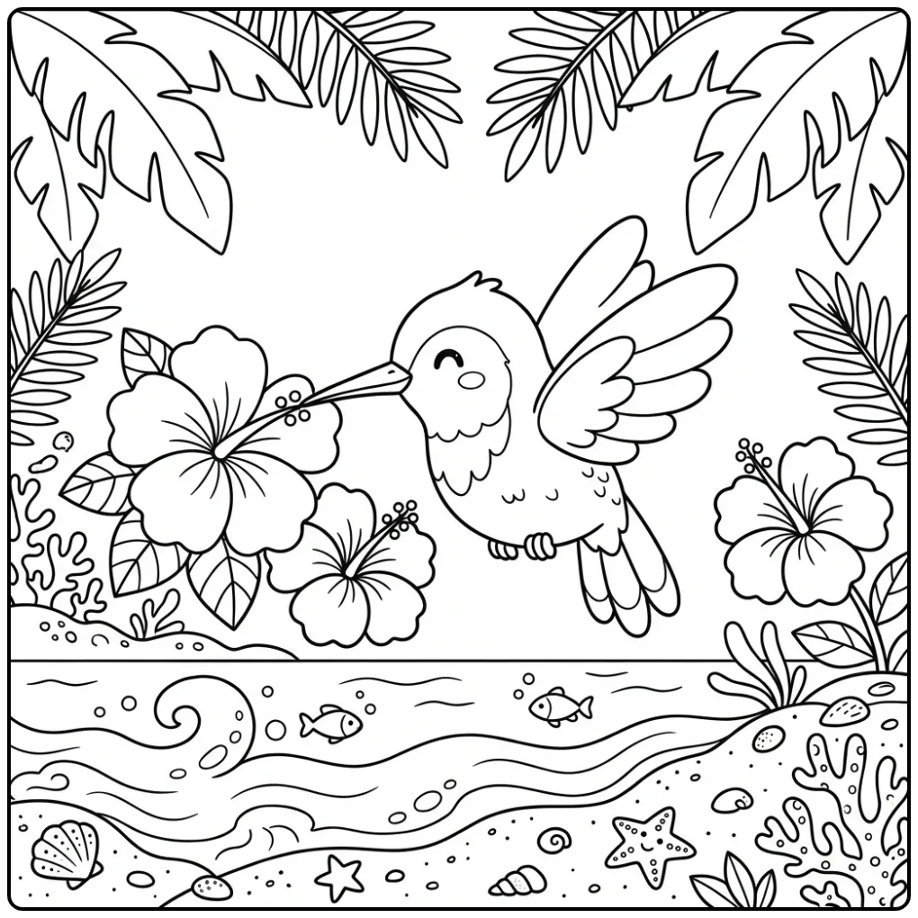 Tropische kleurplaat kolibrie bij hibiscus bloemen en zee.