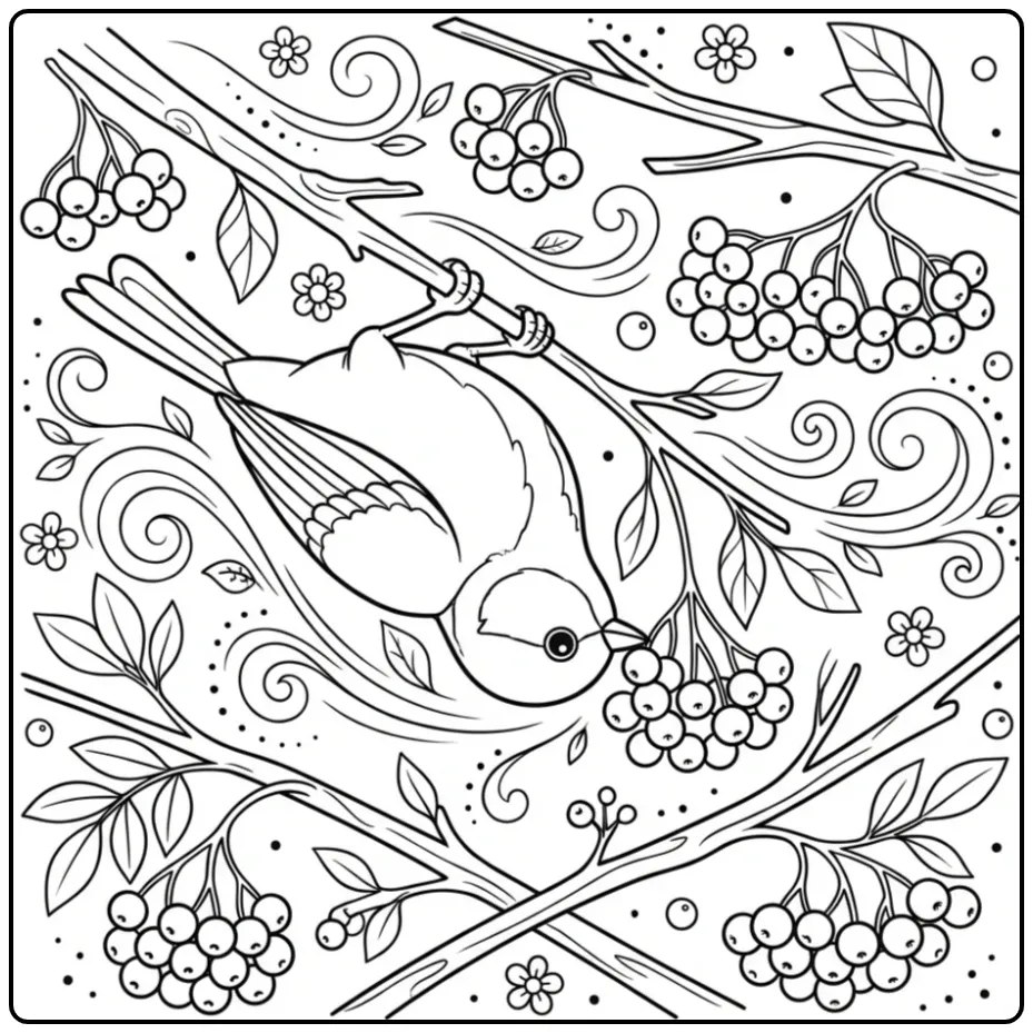 Vrolijke kleurplaat koolmees hangend aan een tak met bessen.