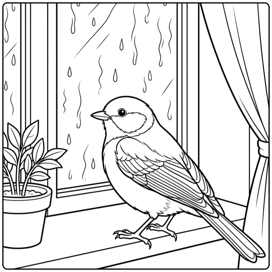 Een leuke kleurplaat koolmees op de vensterbank bij regen.
