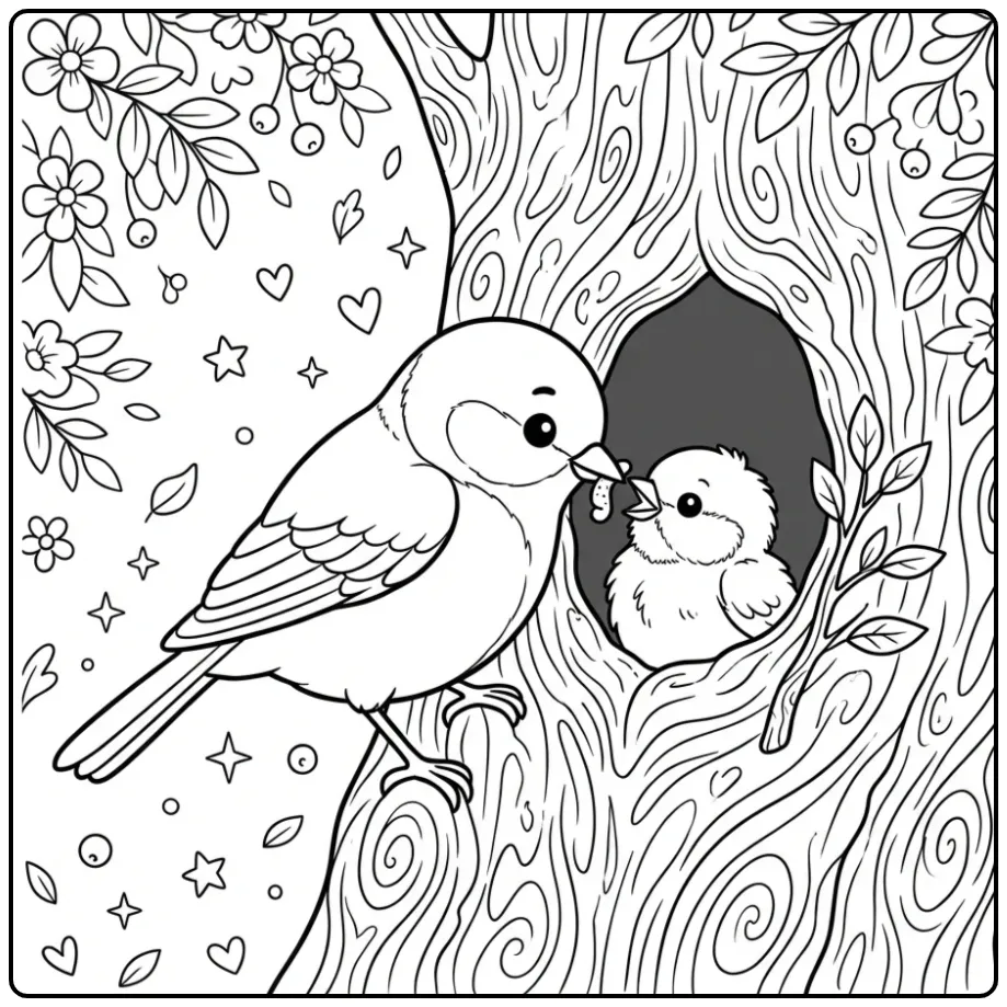 Kleurplaat koolmees die jong voert bij boomnest
