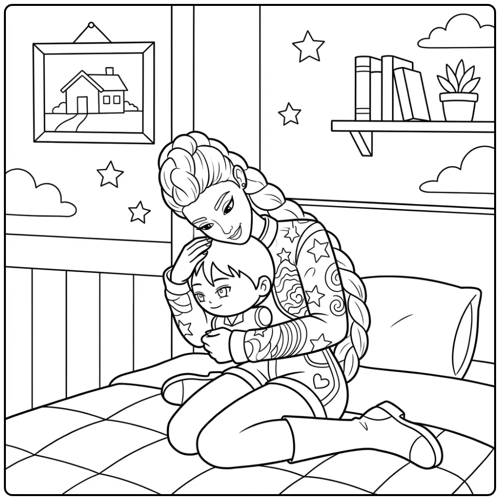 Kleurplaat kpop demon hunters rumi met knuffelende karakters.