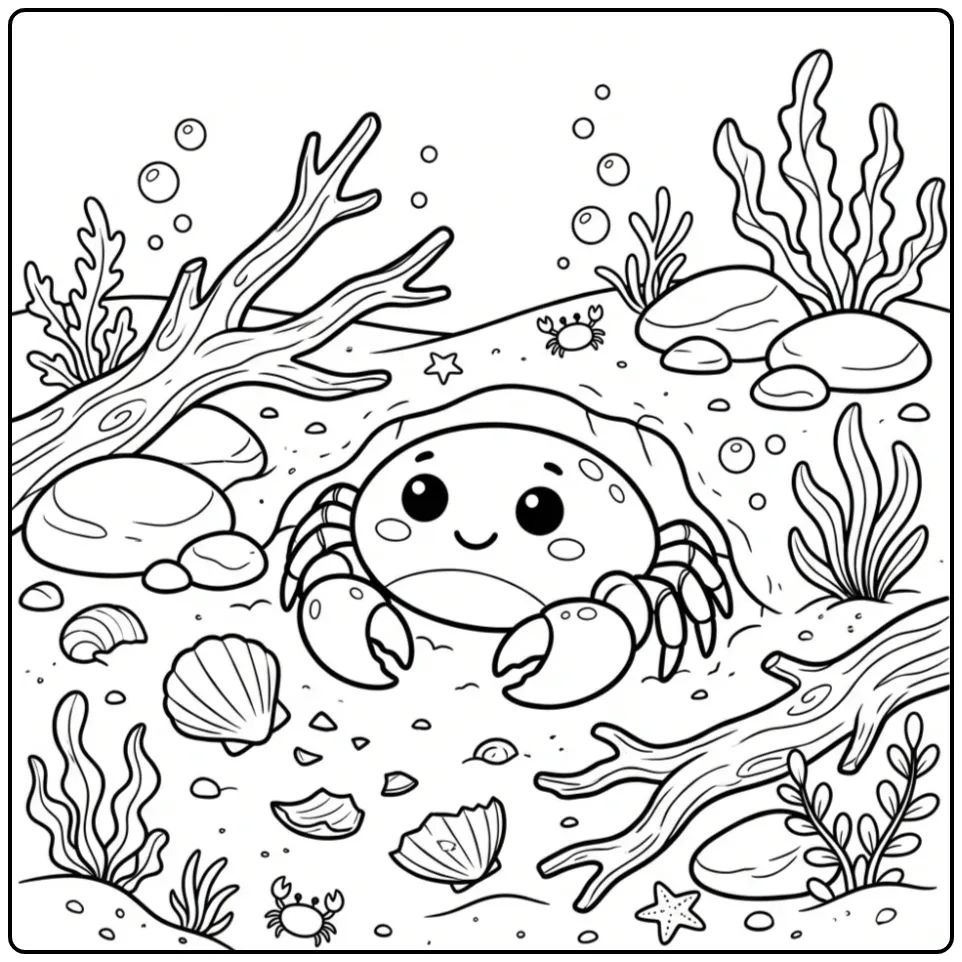 Leuke kleurplaat krab bij stenen en schelpen.