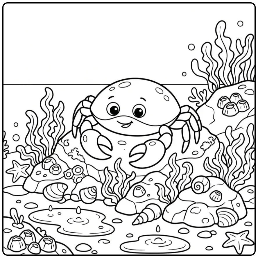 Leuke kleurplaat krab op een rots tussen schelpen en water.