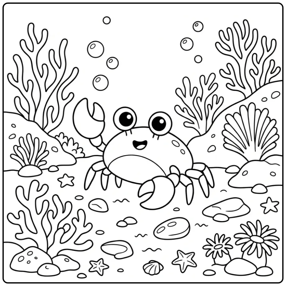 Vrolijke kleurplaat krab met koraal en bubbels