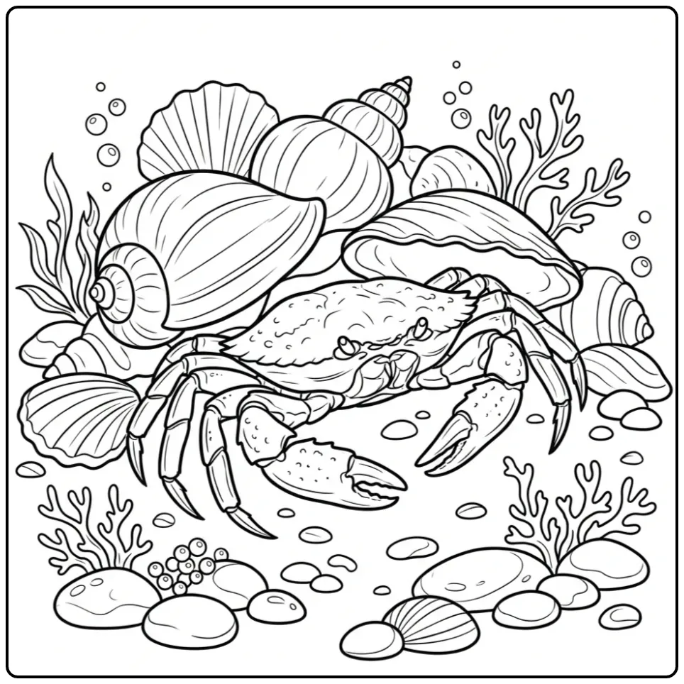 Een leuke kleurplaat krab die achter schelpen kijkt.