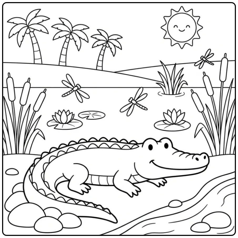 Zonnende kleurplaat krokodil met stenen en riet aan het water