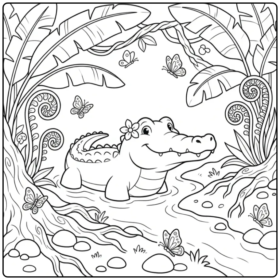 Een leuke kleurplaat krokodil onder bladeren.