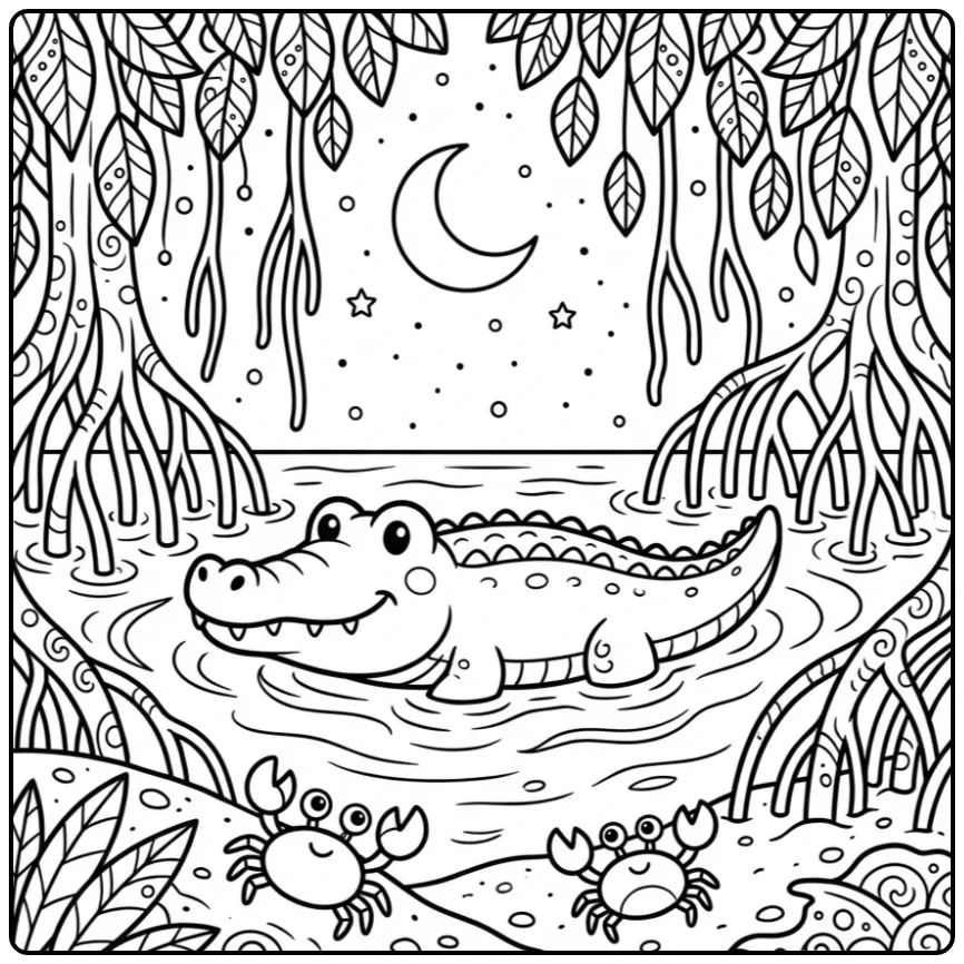 Kleurplaat krokodil drijvend onder de maan en sterren.