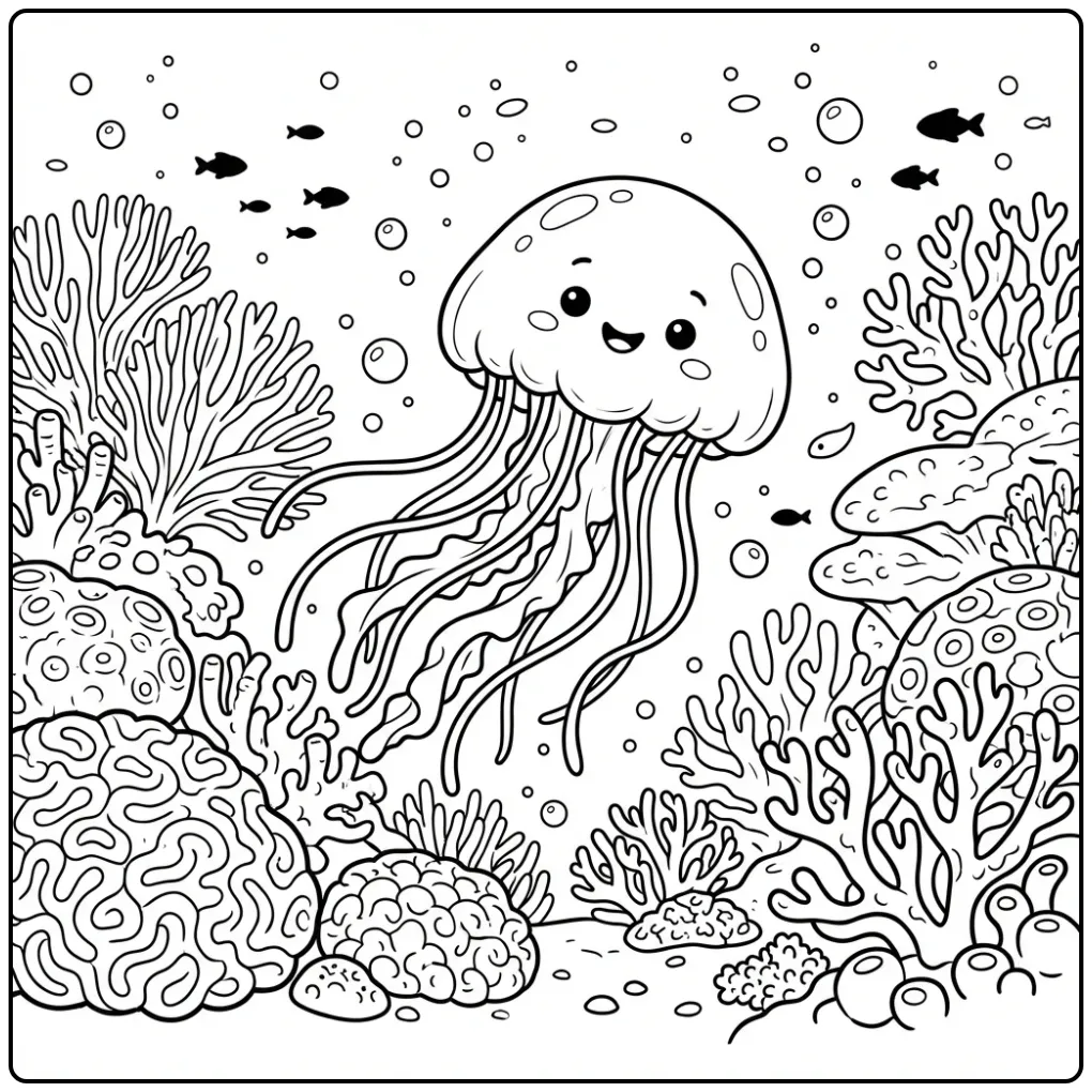 Vrolijke kleurplaat kwal zwemmend tussen rond koraal.