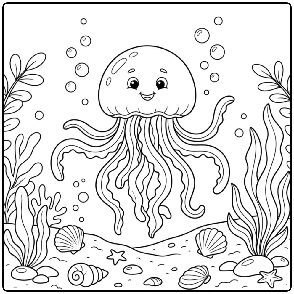 Vrolijke kleurplaat kwal zwemmend boven de zandbodem.