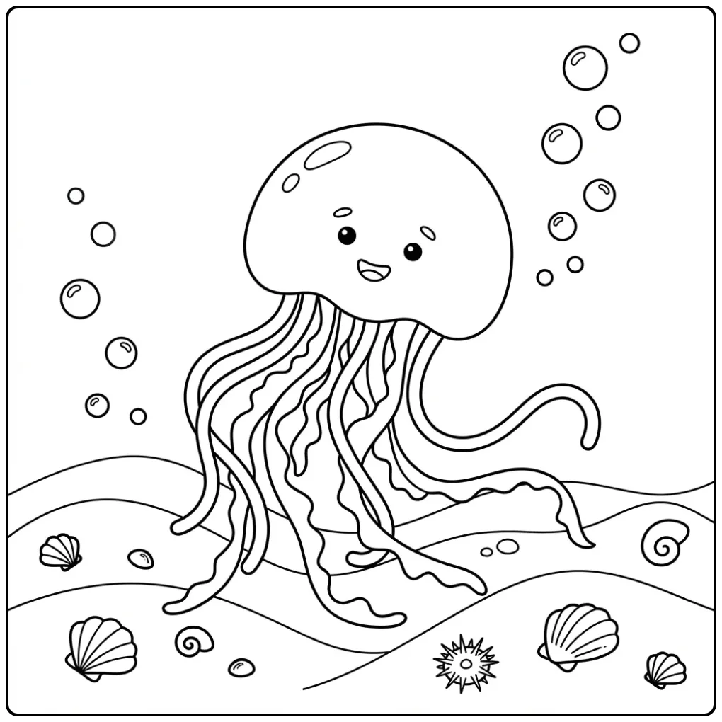 Leuke kleurplaat kwal met bubbels en schelpen op de bodem.