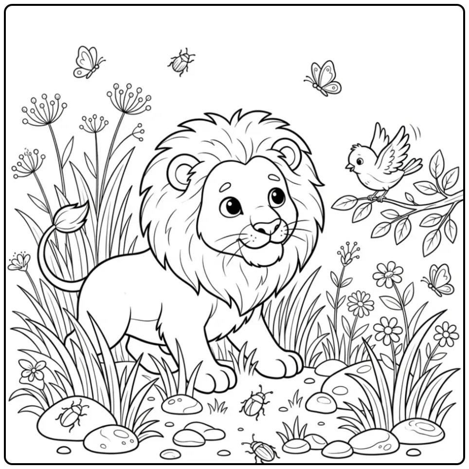 Leuke kleurplaat leeuw in het gras met een vogel.