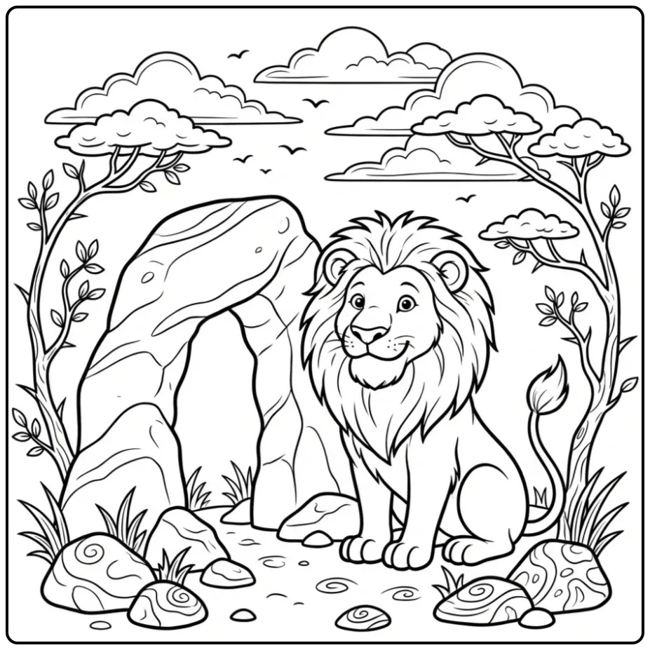 Trotse kleurplaat leeuw zittend bij een stenen boog en bomen.