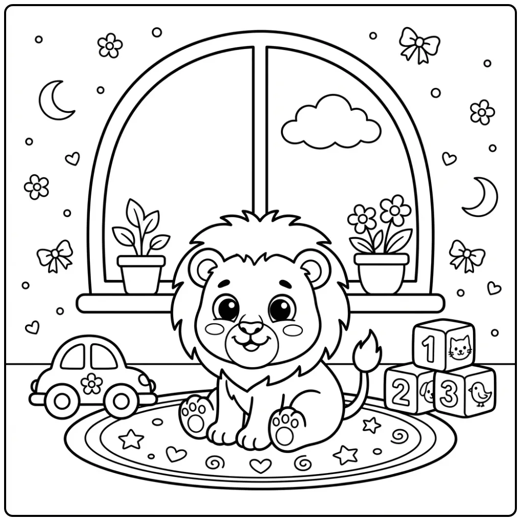 Lieve kleurplaat leeuw peuter zittend op een zacht kleedje