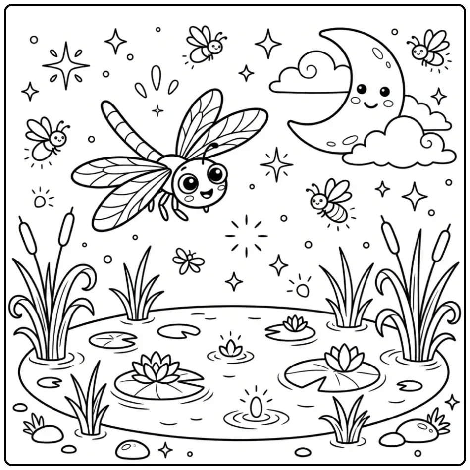 Een magische kleurplaat libelle boven een vijver met de maan.