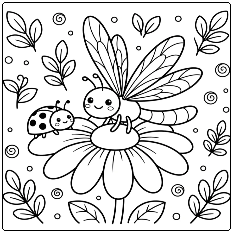 Vrolijke kleurplaat libelle op een madeliefje met details.