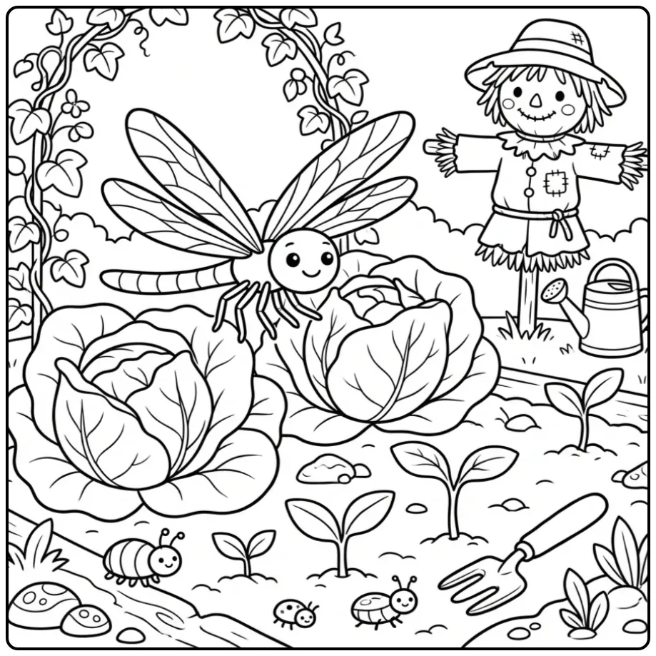 Vrolijke kleurplaat libelle zwevend boven grote bladeren.