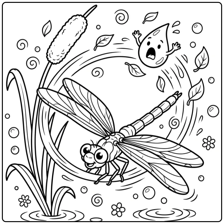 Een vrolijke kleurplaat libelle die een looping maakt.